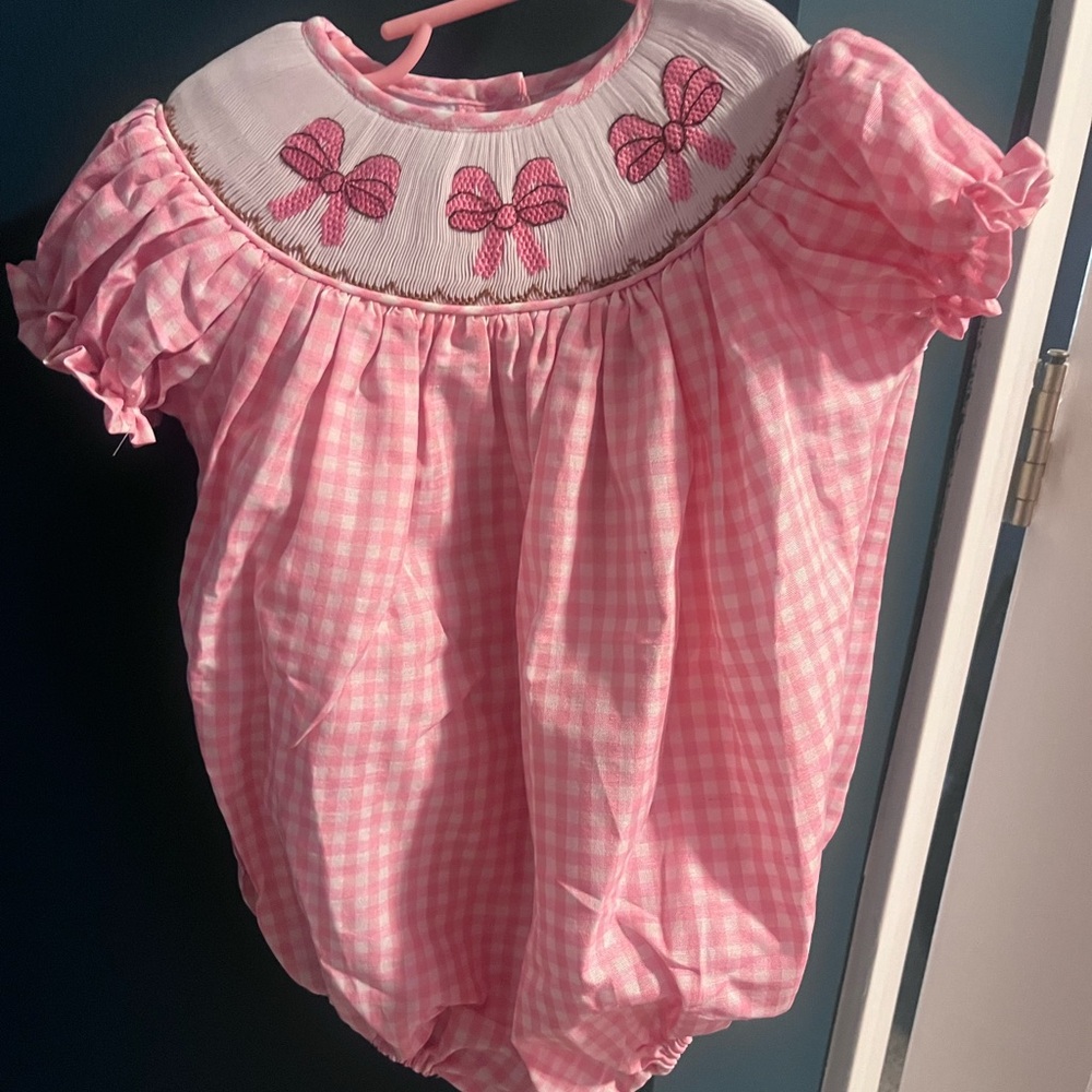 Pink Gingham Baby Romper with Bow Embroidery